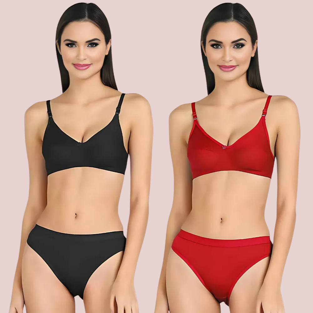 Women's Cotton Non-Padded Wire-Free Bra &amp; Panty Set (Pack of 2)