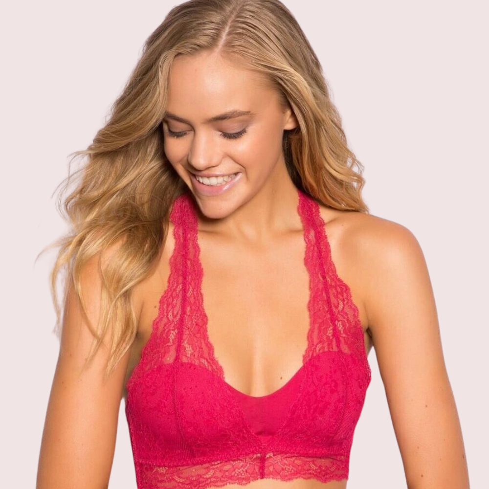 Women's Floral Lace Halter Neck Bralette – Wire-Free Non-Padded Soft Cup Bra